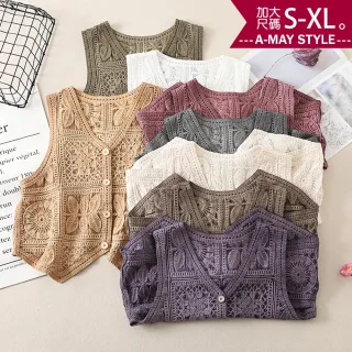 【Amay Style 艾美時尚】春新品 中大尺碼女裝 無袖上衣 設計感刺繡織花排釦針織背心。S-XL(7色.預購)