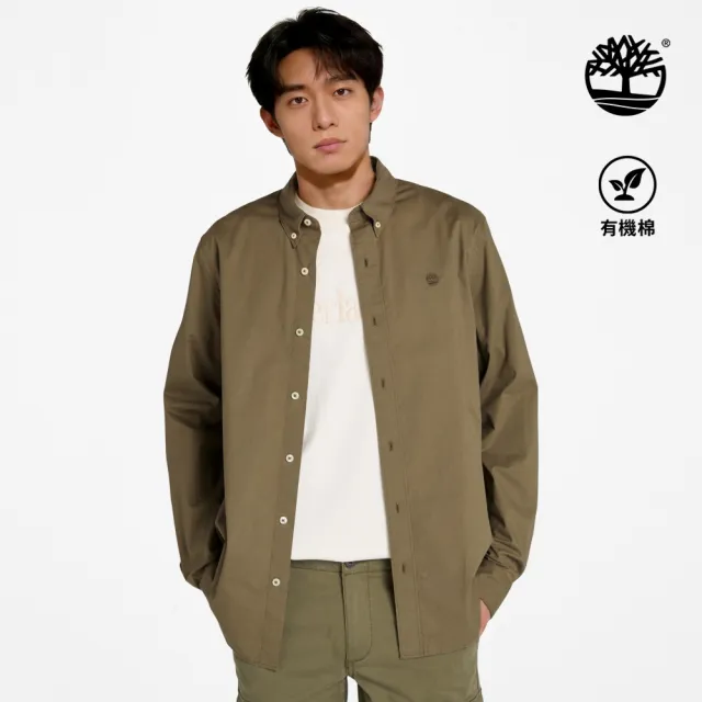 【Timberland】男款灰綠色彈性府綢長袖襯衫(A2ANC590)