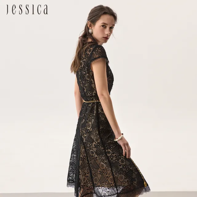【JESSICA】高雅收腰顯瘦透膚蕾絲短袖洋裝253721