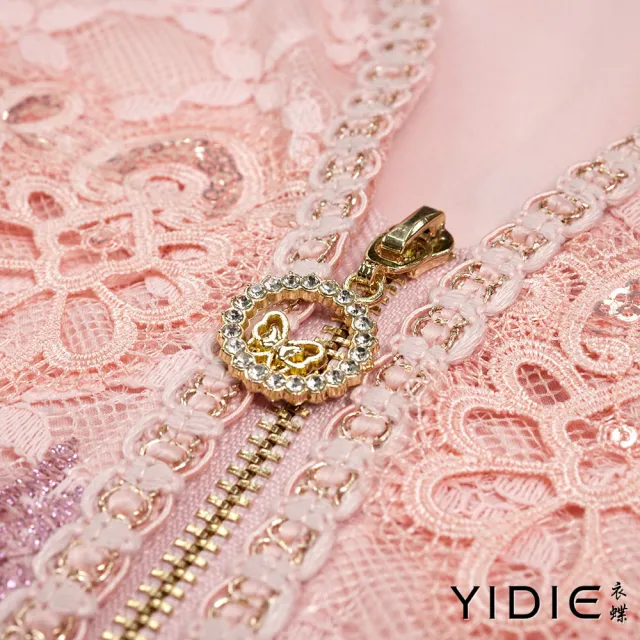 【YIDIE】天絲混優雅花卉刺繡蕾絲拉鍊上衣-粉