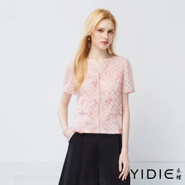 【YIDIE】天絲混優雅花卉刺繡蕾絲拉鍊上衣-粉