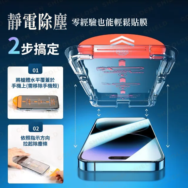【GOLDEN SHIELD】除塵秒貼．抗藍光滿版保護貼(螢幕手機保護膜i17/16/15/14/13/12/11/Xr Plus/Pro/Pro Max
