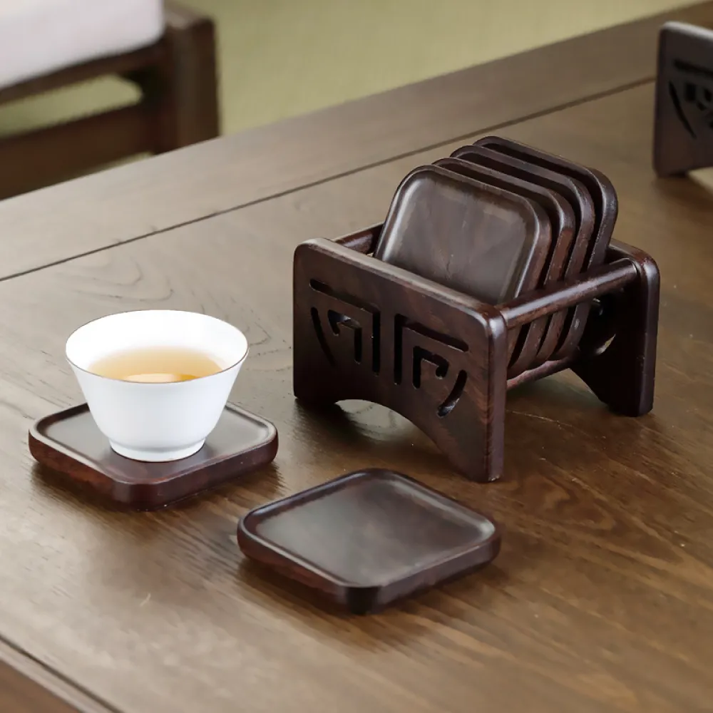 【優雅品茶】天然黑檀木方形茶托六入杯墊組(茶盤 茶道 茶碟 茶承 泡茶組 露營 功夫茶具 托盤)