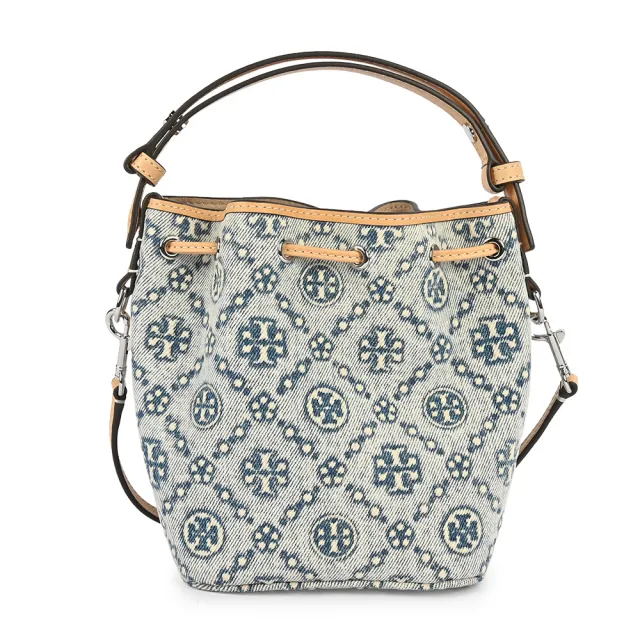 【TORY BURCH】T Monogram 迷你丹寧手提/斜背水桶包-經典藍