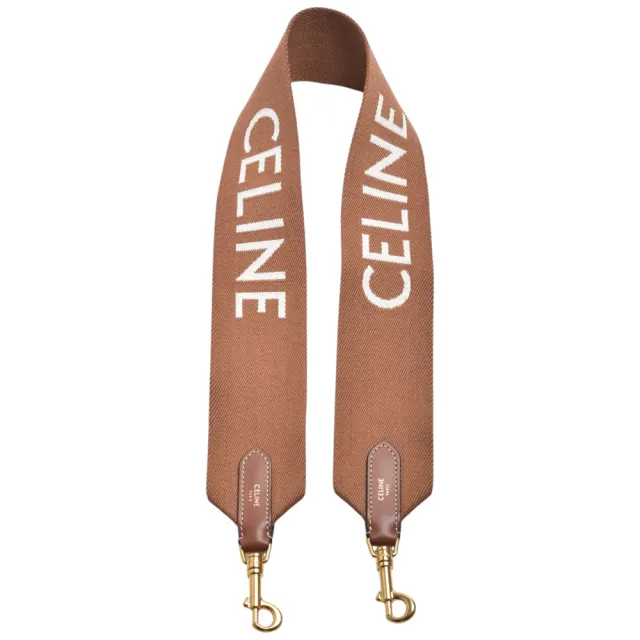 【CELINE】經典CELINE字母提花羊毛寬版長背帶(黄褐色 / 白色)