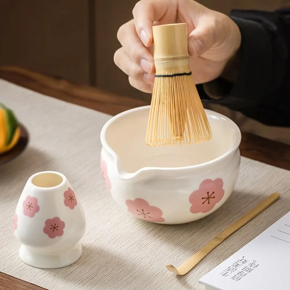 日式梅花抹茶碗2件套(茶筅座 茶寵 茶立 陶瓷碗 茶具 茶刷 尖嘴碗 茶壺 茶道 茶杯)