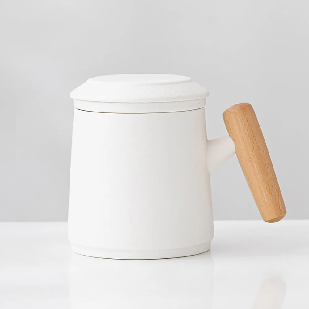 【渥思】陶瓷木柄雙層泡茶杯(沖茶壺 露營 辦公室茶杯 旅行茶具 花茶杯)