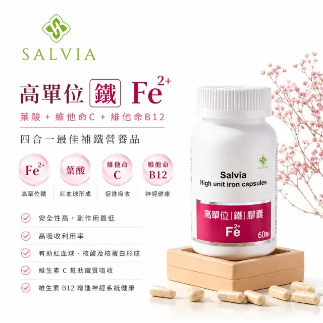 【SALVIA】Salvia高單位補「鐵」膠囊*6瓶(60顆/瓶美國進口含鐵+葉酸+C+B12 四合一最佳補鐵營養品)