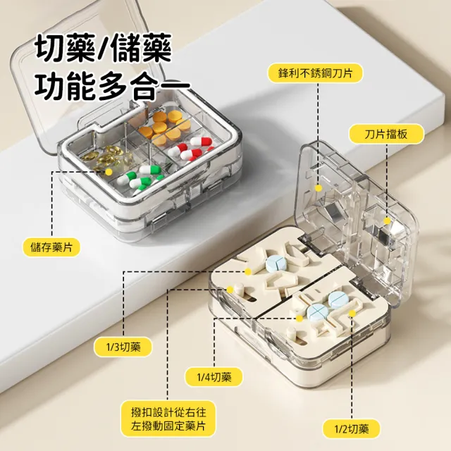 【SUNORO】日式切藥器 1/2+1/3+1/4藥片分割器 分藥器 切藥儲藥兩用盒 行旅藥盒 便捷藥品儲存盒 藥丸切割器