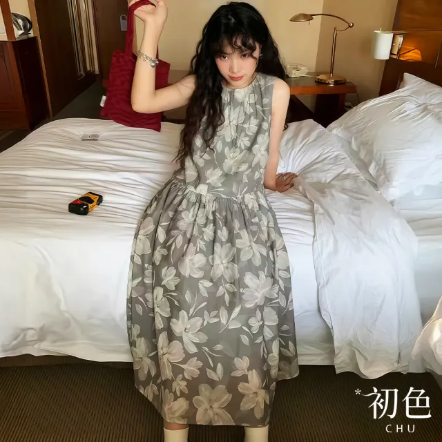 【初色】復古日系圓領無袖印花皺褶中長裙連衣裙連身洋裝-灰色-50519(M-2XL可選)