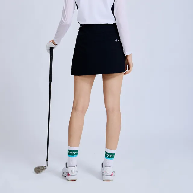 【LE COQ SPORTIF 公雞】高爾夫系列 女款黑色彈性防撥水防油防污短裙 QLX8T701