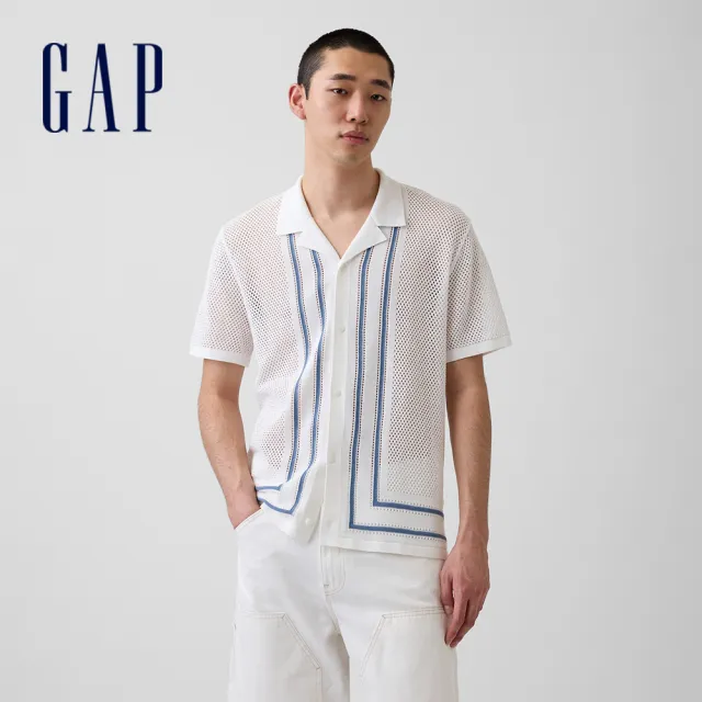 【GAP】條紋古巴領針織襯衫-新款米白(895300)
