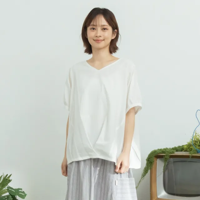 【MOSS CLUB】緹織全棉V領澎袖打褶短袖上衣