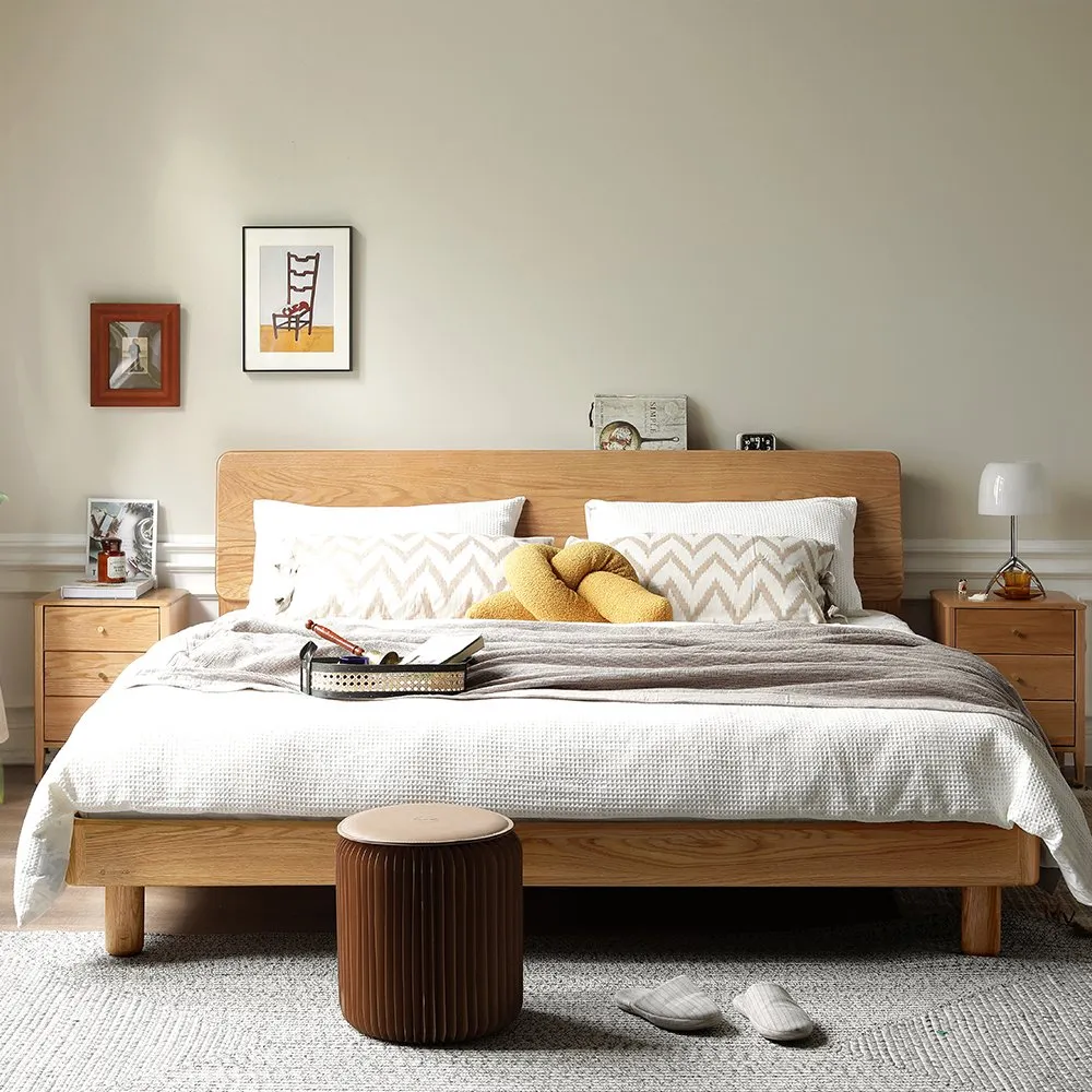 【hoi! 好好生活】YW西雅圖橡木斜靠夜燈低舖雙人床架150x190 原木色 Y90B28