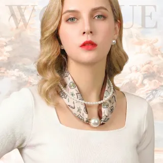 【WOONUE】買一送一高級磁扣絲巾項鍊珍珠樣式項鍊絲綢質感圍巾絲巾(送禮母親老婆媽媽女友閨蜜聖誕禮物)