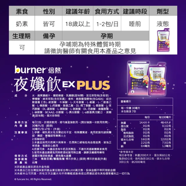 【船井burner倍熱】夜孅飲EX PLUS 2盒(共14包 王彩樺愛用推薦)