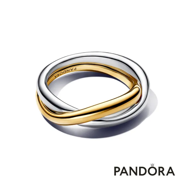 【Pandora 潘多拉】自然流線雙色戒指/鍍14k金