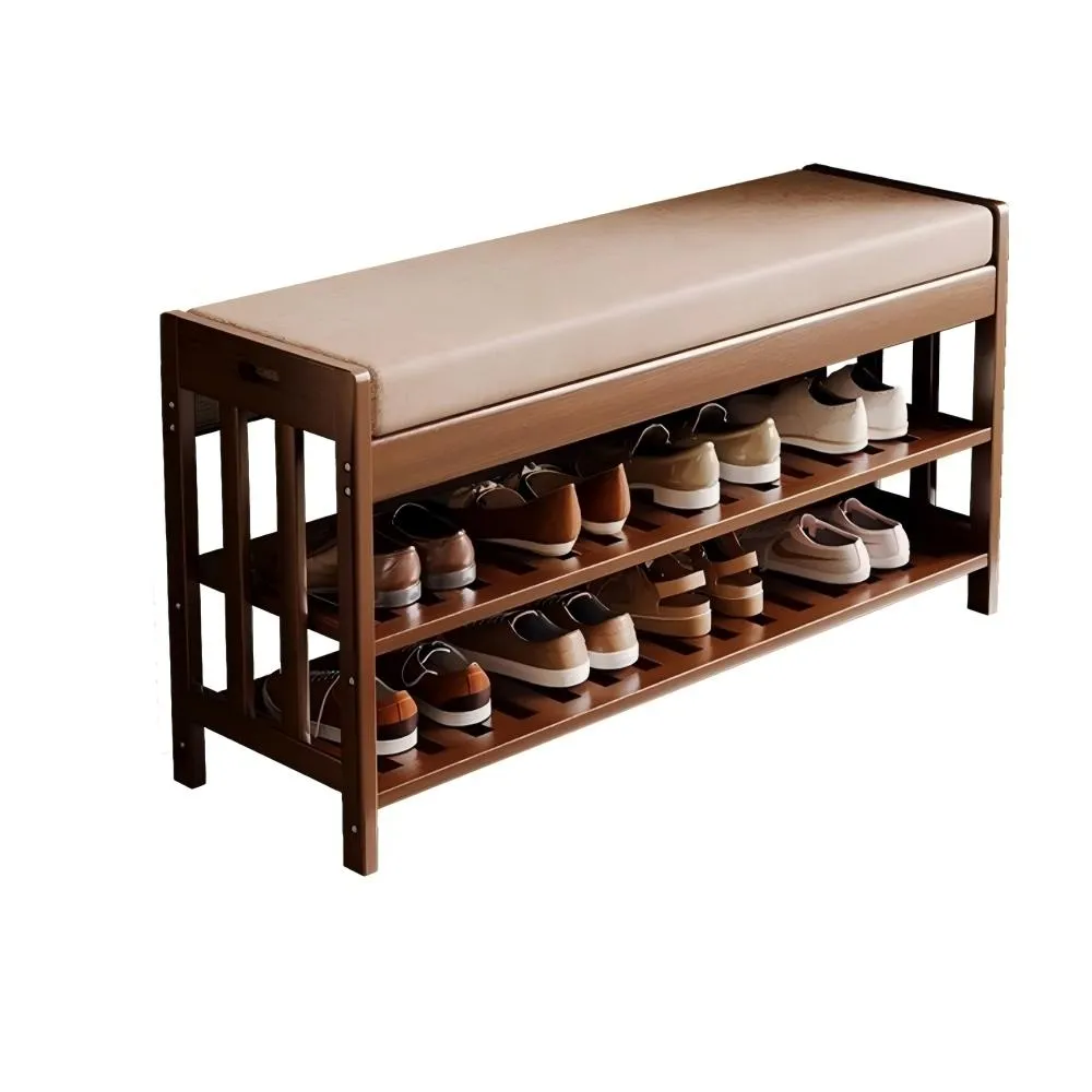 新中式楠竹換鞋凳鞋櫃（90x27x44cm 茶色 軟包坐墊 多層收納）
