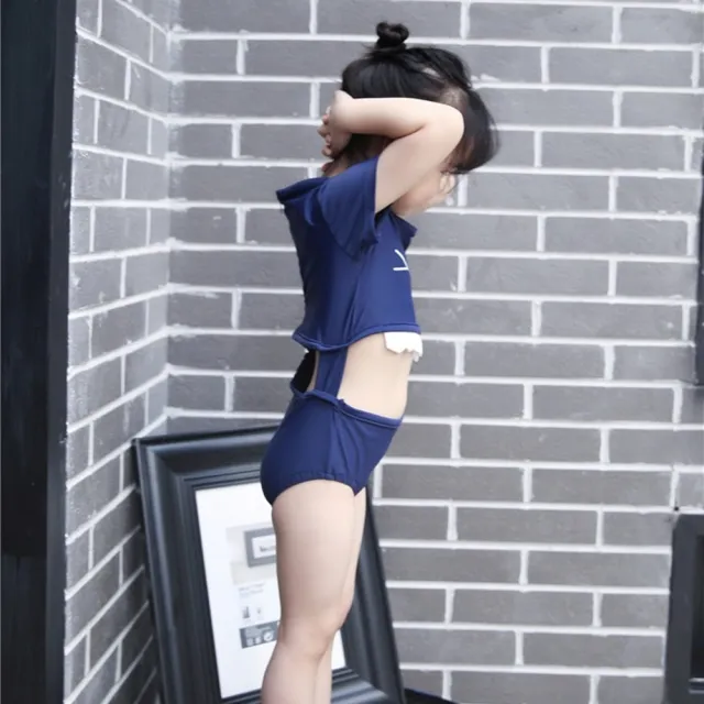 【橘魔法】兒童短袖連身牙齒露腰泳裝 女童 兒童 童裝 連體式 泳衣 玩水 游泳 海邊 戲水 溫泉 泡湯