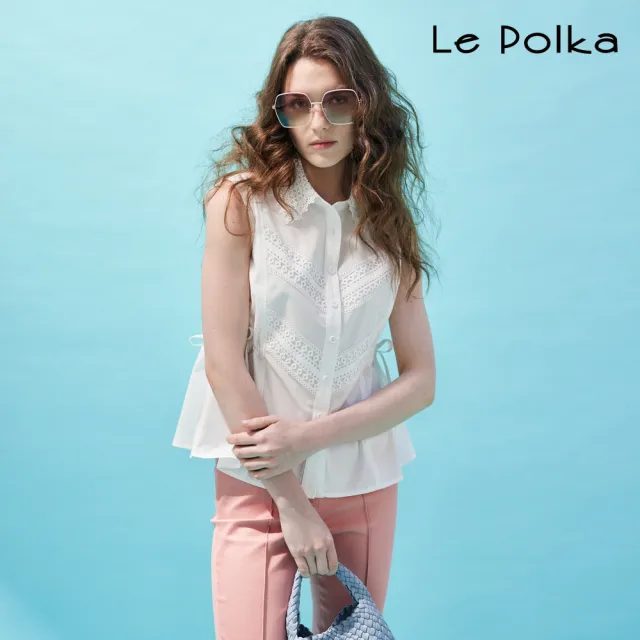 【Le Polka】雕花蕾絲綁帶襯衫-女
