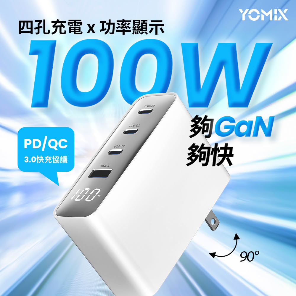 【YOMIX 優迷】100W氮化鎵數顯四孔快充充電器(Type-C/USB/筆電快充/豆腐頭/充電頭/I17適用/數據顯示)