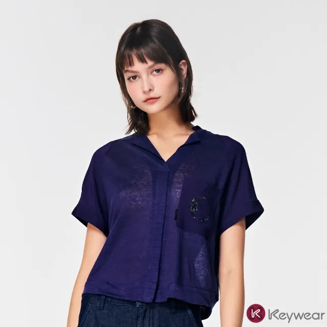 【KeyWear 奇威名品】麻料襯衫領口袋燙鑽短袖上衣