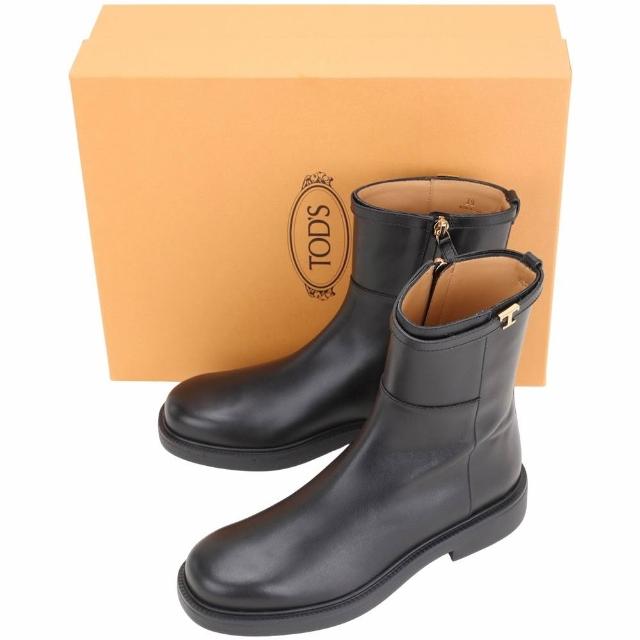 【TOD’S】TODS Timeless T字金屬飾帶光滑牛皮短靴-黑色(義大利手工皮革)