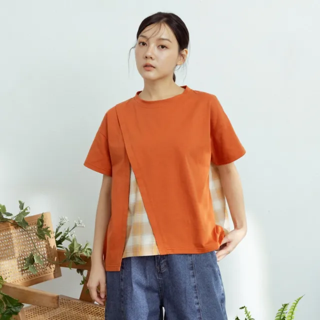 【MOSS CLUB】日本布格子配布圓領短袖棉T 綠 桔