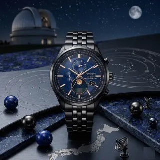 【CITIZEN 星辰】全黑色藍色面盤月相電波光動能萬年曆男錶/42mm(BY1035-56L)