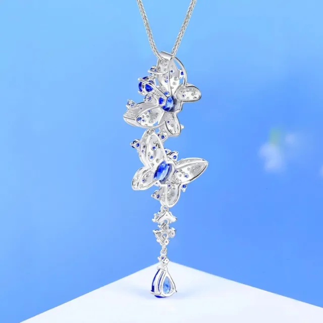 海斯珠寶 1.8克拉天然藍寶石 18K白金鑽石項鍊 橢圓形切割 浪漫雙飛蝶系列 紀念禮物首選 高級珠寶
