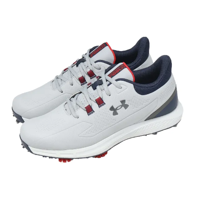 【UNDER ARMOUR】高爾夫球鞋 Drive Medal 寬楦 男鞋 灰 藍 防潑水 釘鞋 抓地 3028241011