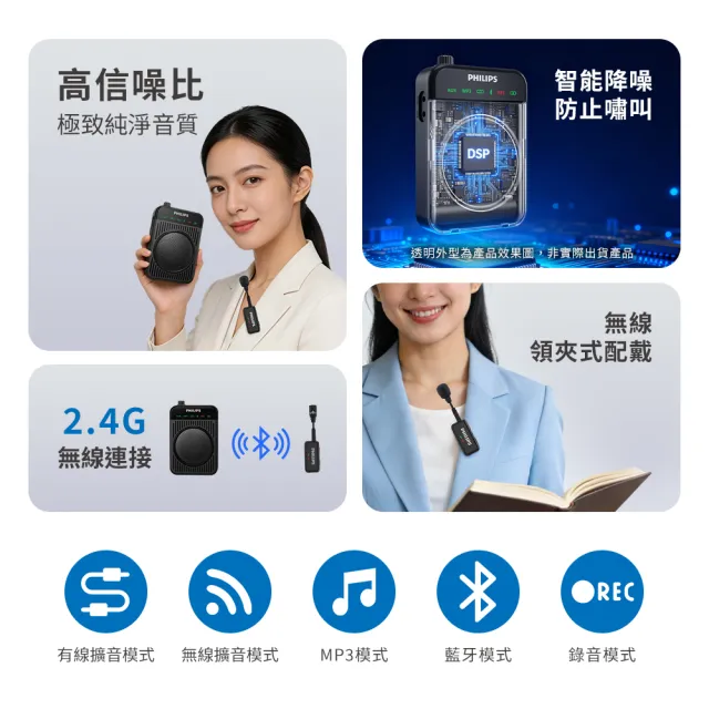 【Philips 飛利浦】超值2入-無線領夾麥克風 教學擴音機 藍牙擴音 小蜜蜂 腰掛/肩背(DLM3551CB)