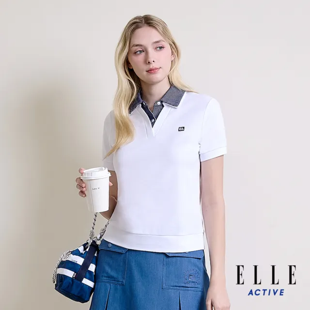【ELLE ACTIVE】女款 襯衫領拼接假兩件POLO短袖上衣-白色(EA26S1W1102-90)