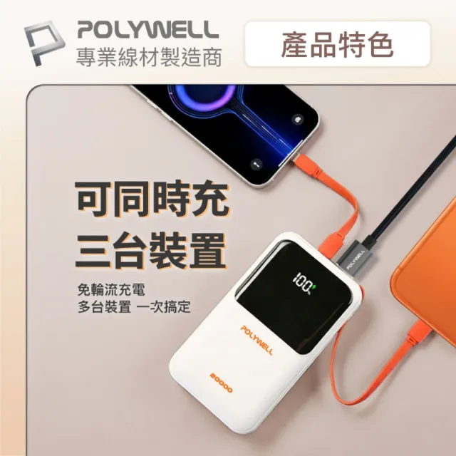 【POLYWELL】20000毫安 自帶線行動電源 Type-C+Lightning線 A+C埠