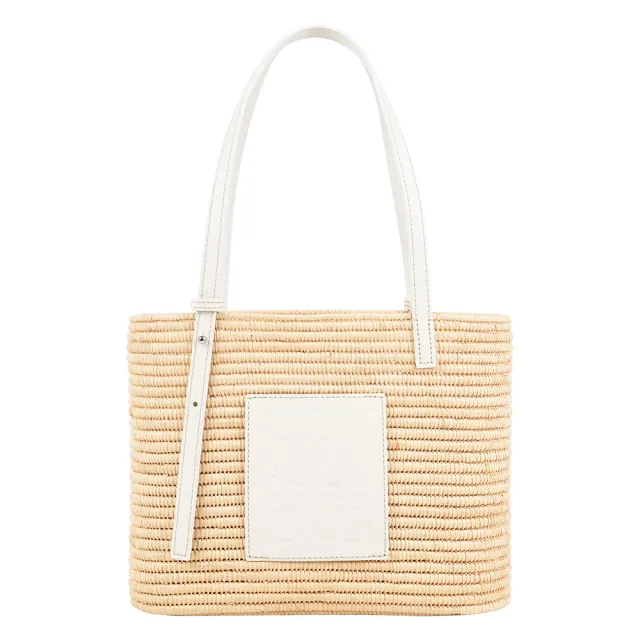 【LOEWE 羅威】Logo 小牛皮壓印及酒椰纖維小款方型肩背包/手提包(白色)