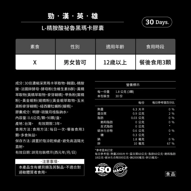 【PowerHero 勁漢英雄】L-精胺酸祕魯黑瑪卡膠囊x1盒(90顆/盒、100%黑瑪卡、鱉精、蜆精)