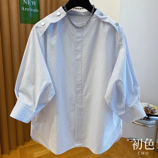 【初色】寬鬆細條紋淺藍色圓領七分長袖休閒襯衫上衣女上衣-藍條紋-12658(L-2XL可選)