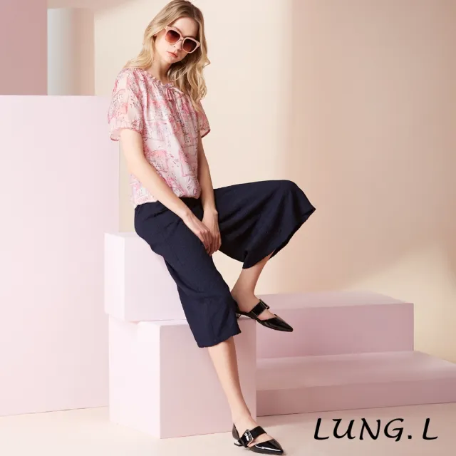 【LUNG.L 林佳樺】LW22A 粉色飄逸印花綁帶輕薄透氣短袖上衣