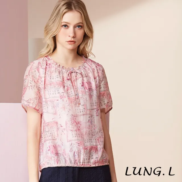【LUNG.L 林佳樺】LW22A 粉色飄逸印花綁帶輕薄透氣短袖上衣