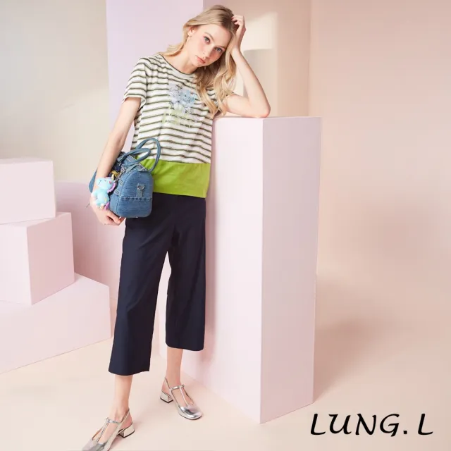【LUNG.L 林佳樺】LU45A 綠色條紋花卉膠印撞色下擺設計短袖上衣