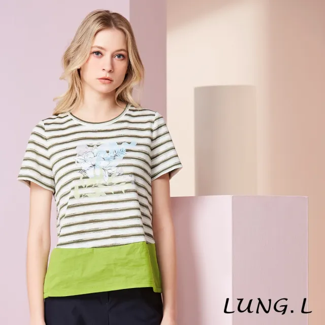 【LUNG.L 林佳樺】LU45A 綠色條紋花卉膠印撞色下擺設計短袖上衣