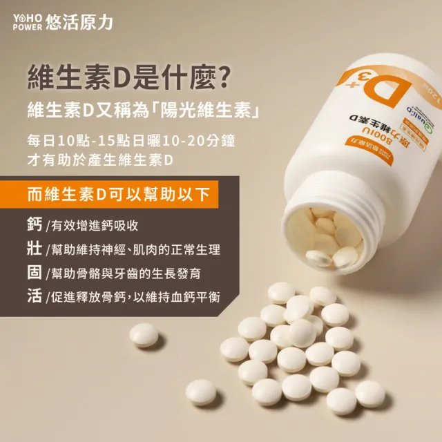 【悠活原力】原力維生素D 800IU錠X3瓶(120錠/瓶 共360錠 維生素D3 維他命D3)