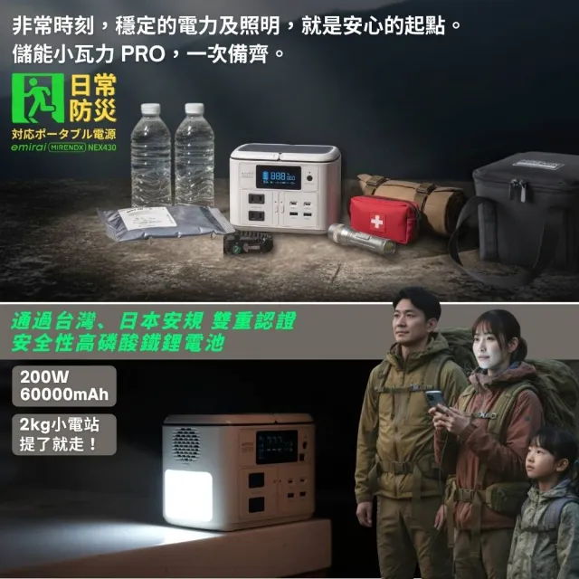 【emirai】防災電力組｜200W儲能小瓦力PRO+40W高機動太陽能板+小瓦力專屬收納袋｜再贈五合一求生手環