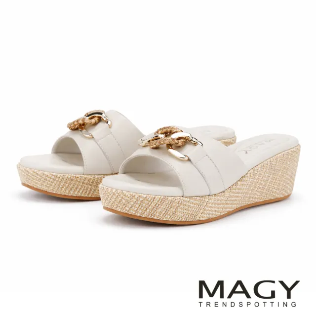 【MAGY】柔軟羊皮厚底楔型涼拖鞋 米白