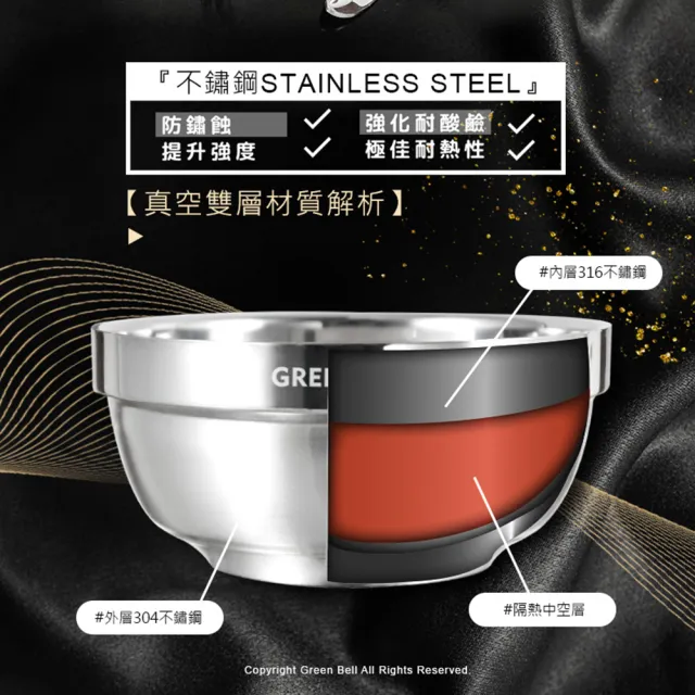 【GREEN BELL 綠貝】316不鏽鋼雙層隔熱碗筷4件組-11.5cm白金碗2入+316防滑筷2雙(防燙 耐酸 環保 SGS)