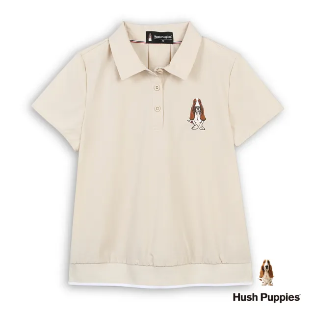 【Hush Puppies】女裝 POLO衫 品牌英文緹花刺繡狗POLO衫 (淺卡其 / 63201106)