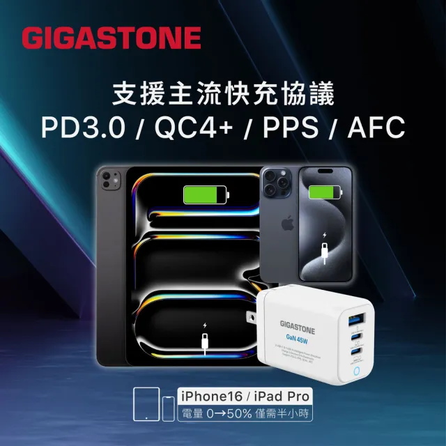 【Gigastone 立達國際】GaN 45W 氮化鎵三孔快速充電器+C to C 100W快充傳輸線(支援iPhone17/Switch充電頭)