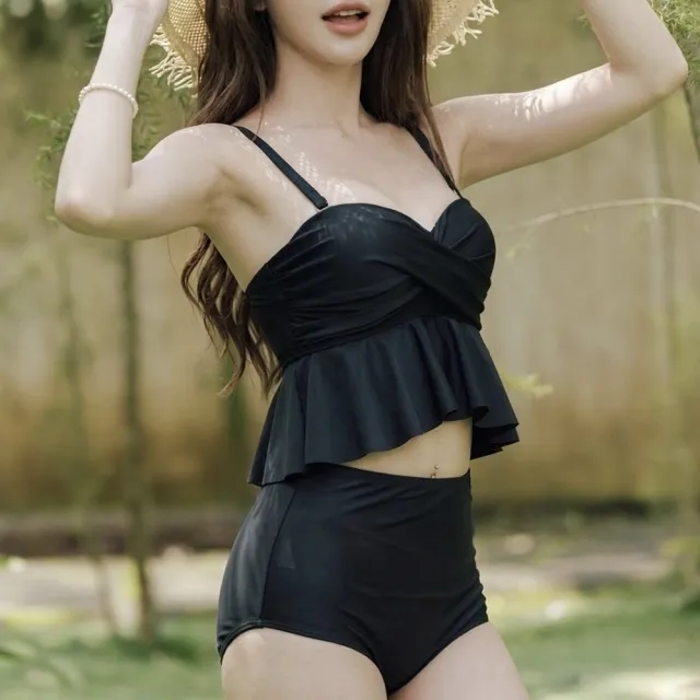 【SeasonsBikini 】鋼圈顯瘦高腰紐結小荷葉泳衣泳裝 可可/黑色-411