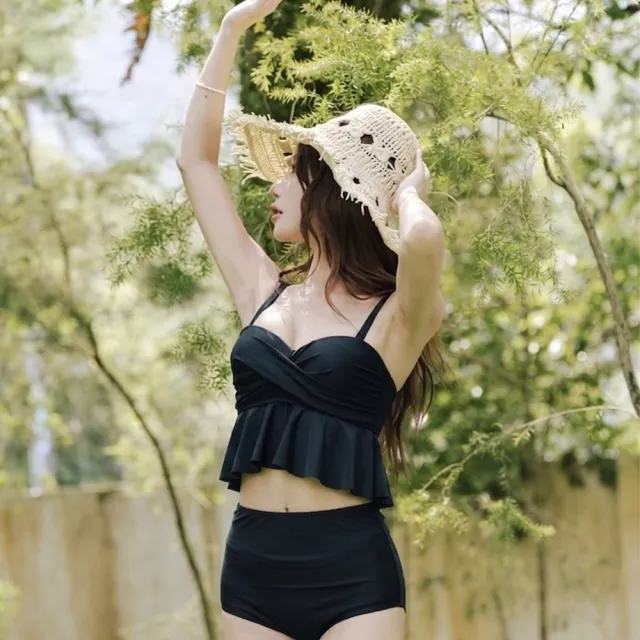 【SeasonsBikini 】鋼圈顯瘦高腰紐結小荷葉泳衣泳裝 可可/黑色-411