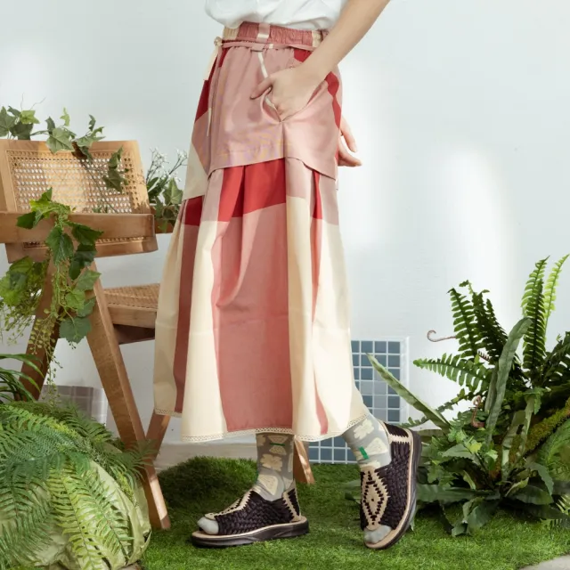 【MOSS CLUB】A字打褶大格紋裙 綠 桔
